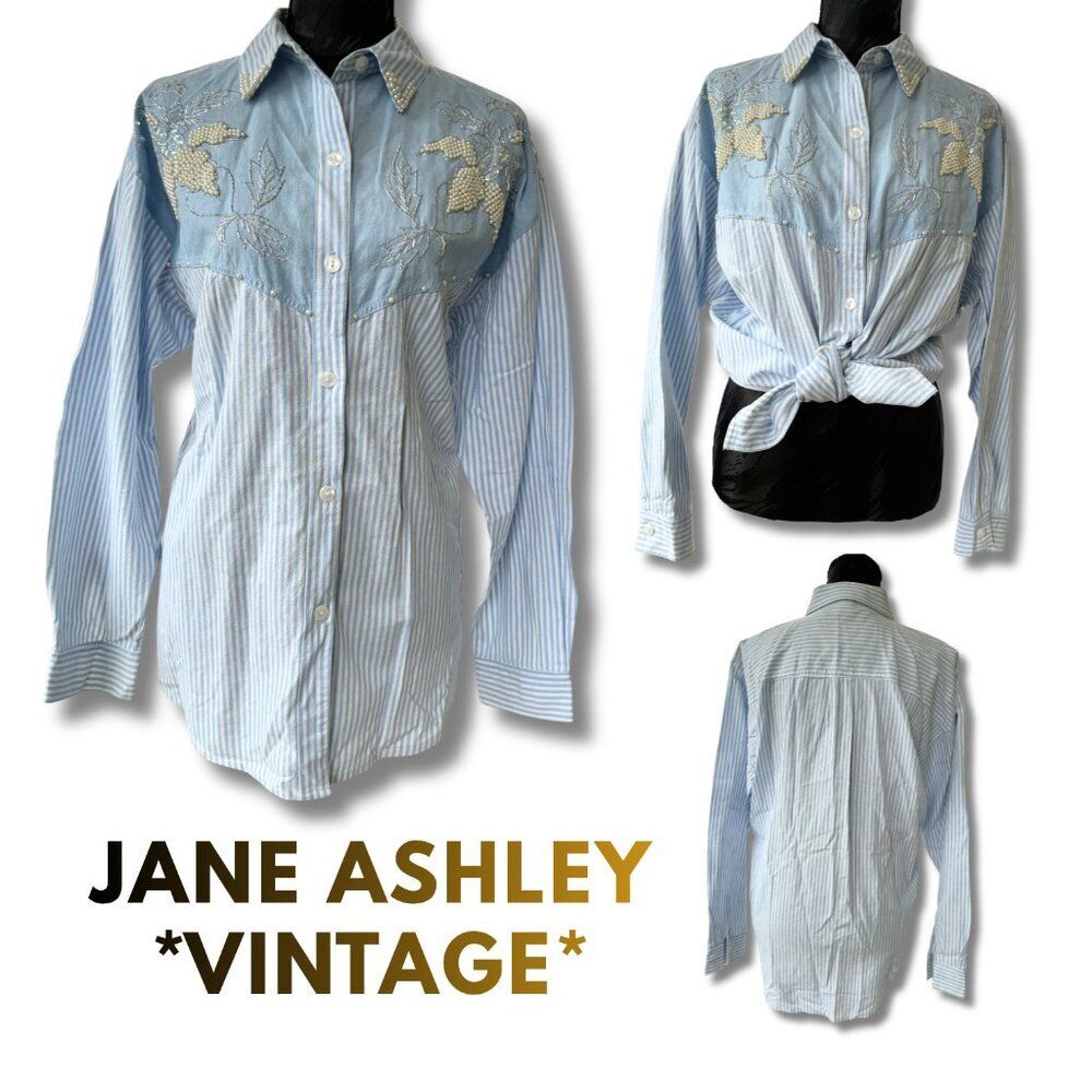 Vintage Jane Ashley Blue & White Striped Embroidered Shirt - pearl beading- 1X - Picture 4 of 12